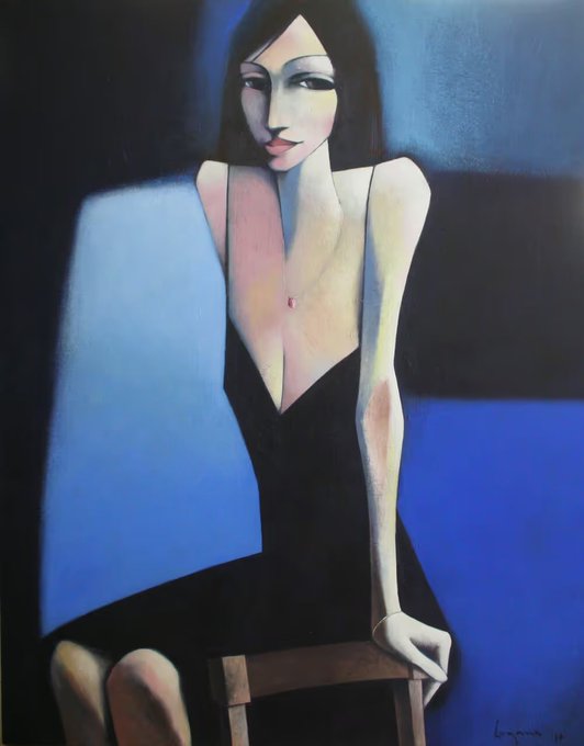A stylized painting of a pale woman with dark hair wearing a low-cut black dress, seated against a vibrant blue background.