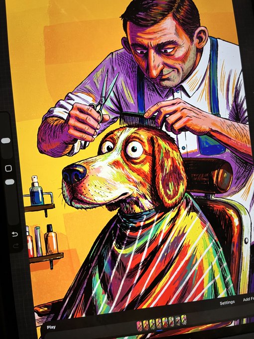 Digital illustration on a tablet screen showing a barber in a purple shirt and blue suspenders giving a haircut to a nervous-looking brown dog with colorful highlights.
