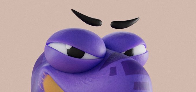 A close-up 3D rendering of a purple, cartoonish creature with an angry expression, half-closed eyes, and floating black eyebrows against a beige background.