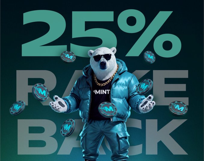 A promotional graphic features a white polar bear wearing sunglasses, a blue puffer jacket, and a gold chain, surrounded by floating 'M' branded coins with large '25% RAKE BACK' text in the background.