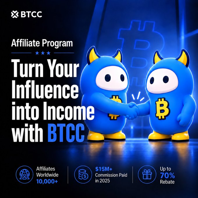A promotional graphic for the BTCC Affiliate Program with the slogan 'Turn Your Influence into Income with BTCC', highlighting 10,000+ affiliates worldwide and up to 70% rebate.