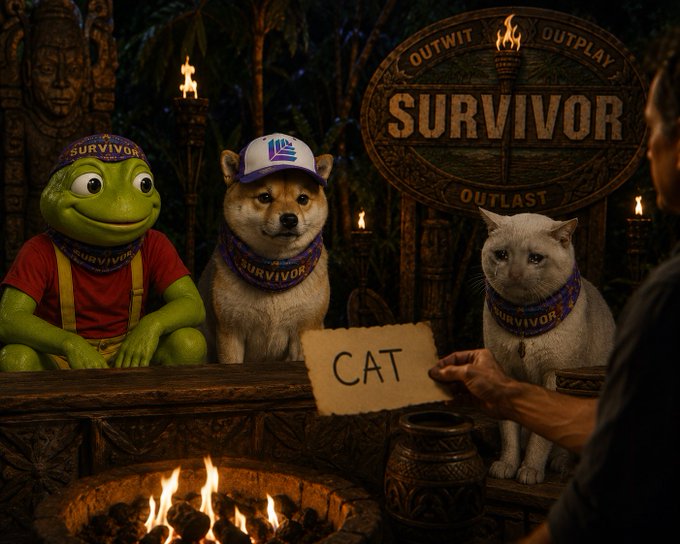 A humorous Survivor-style scene featuring a frog, a Shiba Inu wearing a hat, and a white cat wearing Survivor bandanas, with a 'CAT' sign being held up at tribal council.