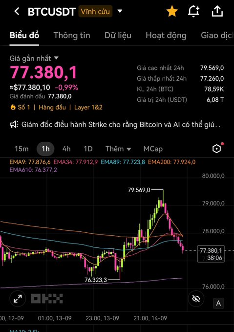 A mobile trading app screenshot shows the BTCUSDT chart with a current price of 77,380.1 USDT, down -0.99%, featuring candlestick patterns and EMA indicators on the OKX platform.