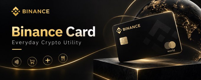 The image shows a Binance promotional banner featuring the "Binance Card" with the tagline "Everyday Crypto Utility," displaying a black Mastercard-style card on a dark pedestal with a glowing golden globe and icons representing contactless payment, shopping, top-ups, and dining. It visually reinforces the post's message by highlighting the card as a practical tool that brings cryptocurrency into everyday spending, rather than limiting its use to trading or holding.