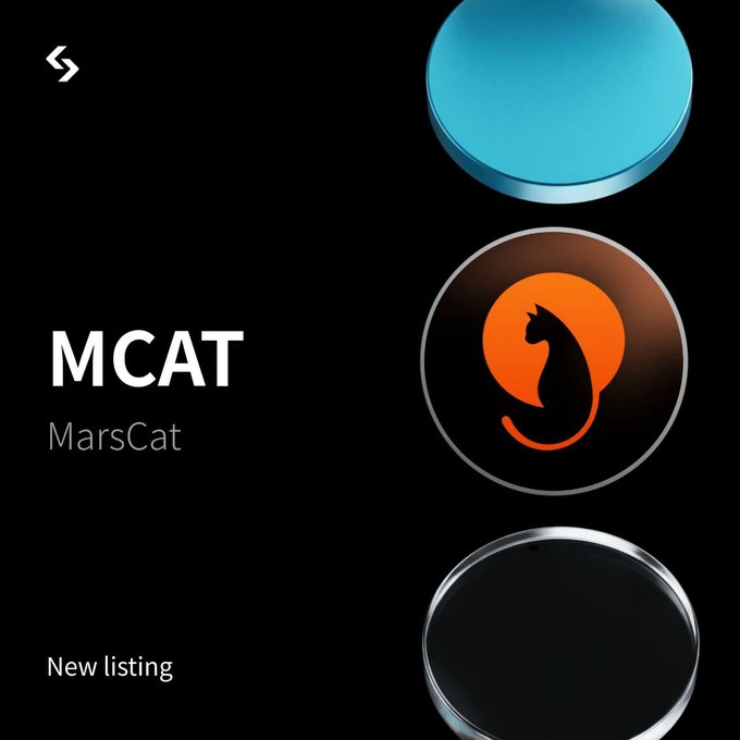 A mobile app interface or advertisement for MCAT (MarsCat), showing circular icons including an orange silhouette of a cat against a black background with 'New listing' text.