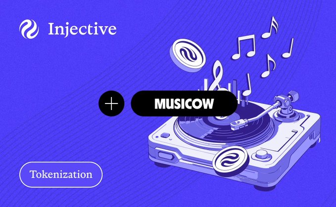 The image features a poster for Injective that showcases their latest achievement of tokenizing an official commercial track. The poster displays a record player with music notes floating around it, symbolizing the music cow. The text "Injective has just made a breakthrough that I genuinely see as... extremely BIG** for the entire RWA narrative and Web3 Adoption". This statement highlights the significance of Injective's achievement in the context of tokenization within the music industry.