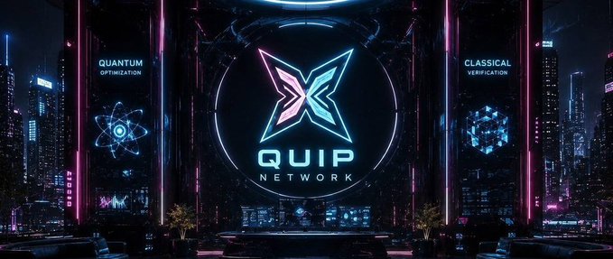 The image features a large logo for Quip Network that includes a blue butterfly with a pink stem. The logo is displayed prominently against a dark background, which emphasizes its importance. The text "quip network" is written below the logo, indicating the name of the company or project it represents. The image also contains some text that reads: "Most networks are built around a single product. @quipnetwork is taking a different approach. Instead of solving just one problem, it'S creating an ecosystem where multiple participants benefit from the same infrastructure." This message highlights Quip Network's unique approach to network architecture and its focus on collaboration rather than competition among users.