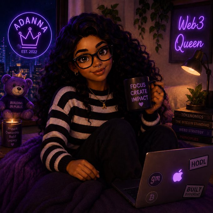 The image is a stylized digital illustration of a young woman with long curly hair and glasses, wearing a black and white striped sweater, holding a mug that reads "FOCUS CREATE IMPACT," with a neon "ADANNA EST. 2022" crown logo, a "Web3 Queen" sign, a "HODL" laptop, and books titled "Tokenomics," "The Bitcoin Standard," "Web3 Strategy," and "PRINCIPLES." The accompanying post about BeldexCoin and digital privacy relates to the image through its strong Web3/crypto branding, positioning the character as a "Web3 Queen" whose digital footprint theme parallels the post's message about privacy and decentralized technology.