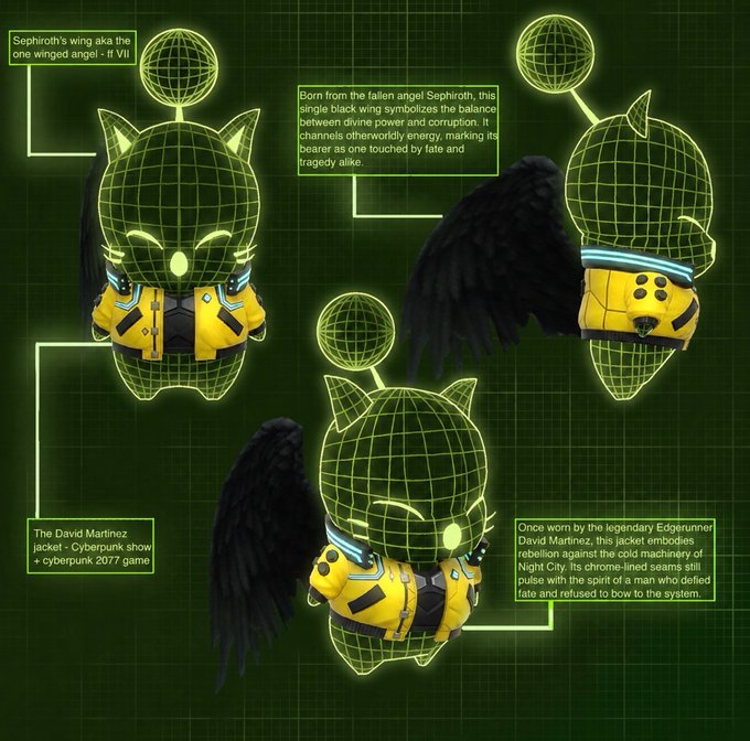 A blueprint-style digital artwork shows a cat-like character in a yellow jacket from multiple angles, with annotations identifying it as 'Sephiroth's wing aka the one winged angel - ff VII' and 'The David Martinez jacket' from Cyberpunk, describing the wing as symbolizing balance between power and corruption.