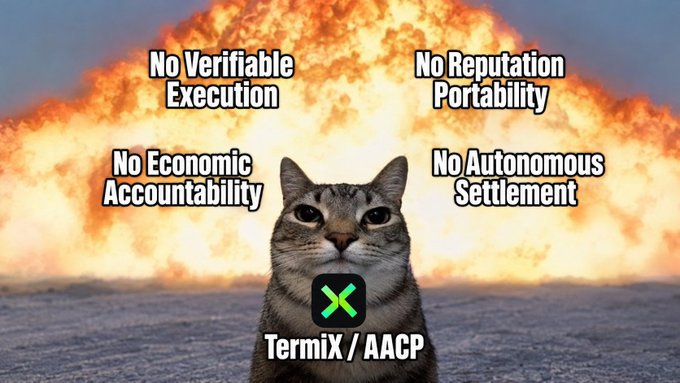 A meme featuring a serious-looking cat in front of a fiery explosion background, with text reading 'No Verifiable Execution', 'No Economic Accountability', 'No Reputation Portability', 'No Autonomous Settlement', and 'TermiX / AACP'.