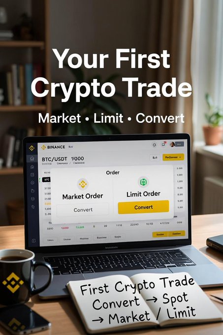 The image shows a laptop displaying the Binance BTC/USDT trading interface with options for "Market Order" and "Limit Order," alongside a notebook titled "First Crypto Trade - Convert → Spot → Market / Limit," visually reinforcing the post's explanation of different crypto trading methods (Convert, Spot, Market, and Limit orders).