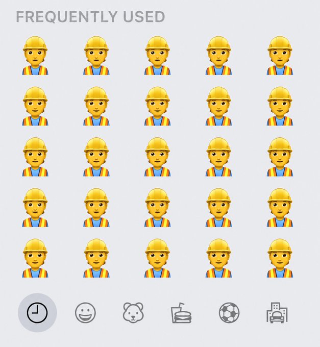 A phone screen showing a "FREQUULLY USED" emoji keyboard with construction worker emojis dominates the display, reflecting a busy life spent on building sites or trade work. The repeated hard-hat emoji serves as a visual metaphor for someone whose daily routine revolves around manual labor and construction projects.