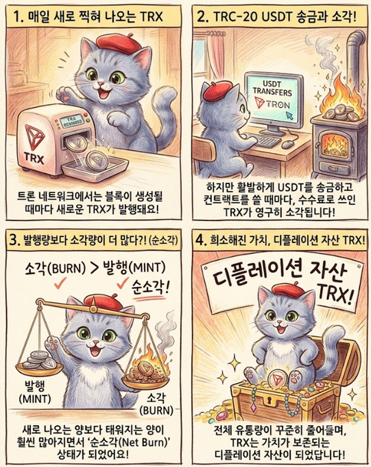 A four-panel Korean-language infographic featuring a cartoon cat wearing a red beret, explaining how to earn TRX cryptocurrency via Tron network transactions and USDT transfers.