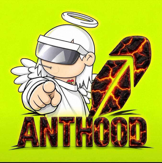 A digital art graphic showing a cartoon angel figure wearing white VR goggles and pointing forward, next to a fiery 'Z' symbol and the word 'ANTHOOD' below.