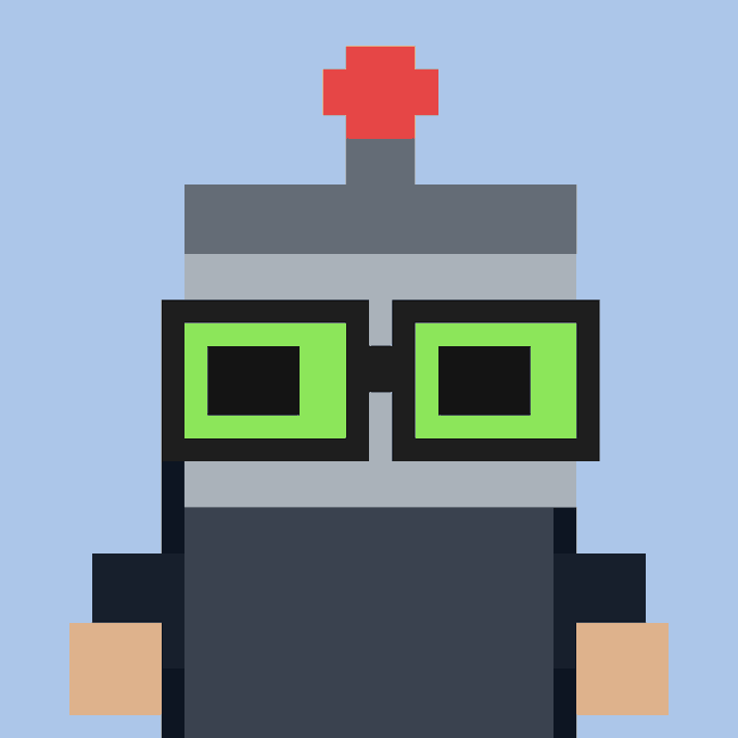 Pixel art of a robot character with green rectangular glasses and a red cross antenna on a light blue background.