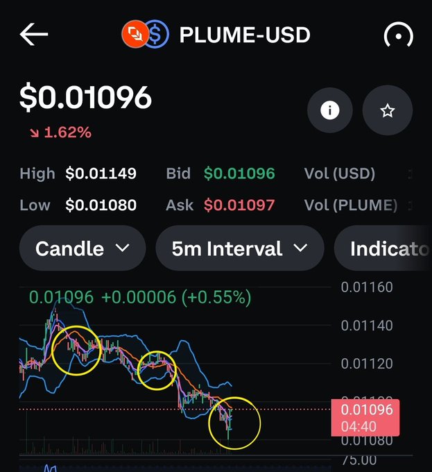 The image shows a black screen displaying a price chart for Plume-Usd, a cryptocurrency. There is an option at the top of the screen with the text "Plume-USD" written. This option might be related to trading Plume, but without additional information or context, we cannot determine its exact purpose. The image also contains a close-up view of the chart, which demonstrates price fluctuations and trends in the cryptocurrency market.