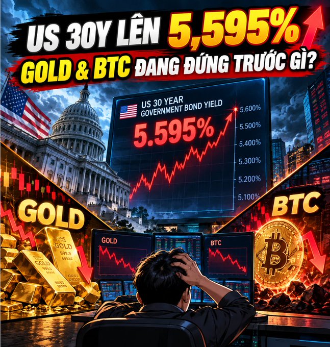 Clickbait-style financial thumbnail in Vietnamese reading 'US 30Y lên 5,595% GOLD & BTC đang đứng trước gì?', depicting the US Capitol, rising bond yields, and declining gold and BTC charts.