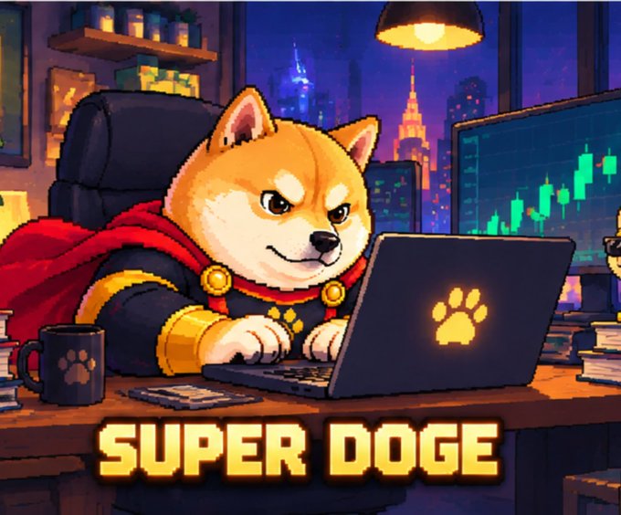 The image features a pixel-art Shiba Inu dog dressed as a superhero with a red cape, sitting at a desk and typing on a laptop with a paw print logo, set against a nighttime city skyline with a trading chart visible on a monitor. The text "SUPER DOGE" appears prominently at the bottom, reinforcing the post's branding for the $SuperDoge token and aligning with the late-working, crypto-launching theme.