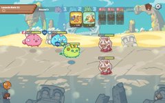 A cartoon battle scene unfolds on a sandy beach, with six characters engaged in combat and three distinct game modes displayed.