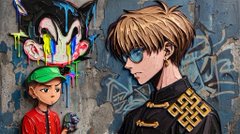 Anime-style artwork depicting a blonde character with glasses alongside a smaller figure wearing a green cap, set against a graffiti-covered wall.