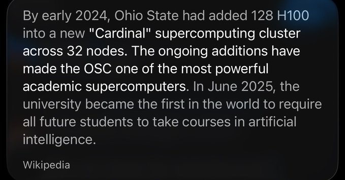 A Wikipedia text excerpt about Ohio State's supercomputing cluster and their new AI course requirement for all future students.