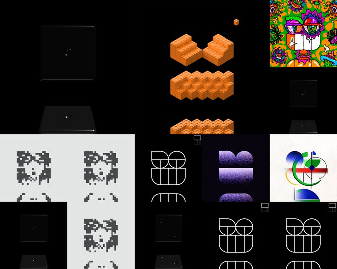 A collage of various digital art and graphic design pieces, including pixel art faces, orange isometric block structures, colorful psychedelic patterns, and stylized typography on dark backgrounds.