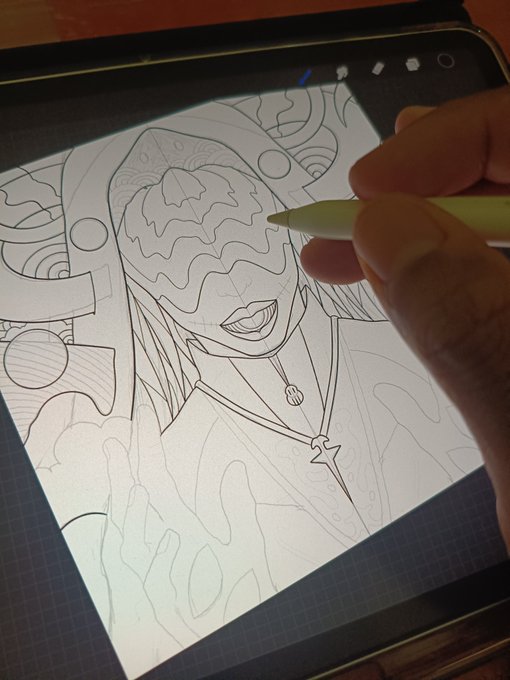 A close-up of a hand using an Apple Pencil to draw an intricate line art portrait on an iPad screen.