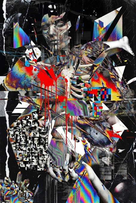 A fragmented, glitch-art collage features a shattered humanoid figure composed of prismatic rainbow shards, glitching digital artifacts, and vivid red splatters against a black void. Echoing the post's theme of "nine tiny fragments suspended between dream and memory," the image visualizes a fractured psyche or forgotten story, with each jagged piece preserving fleeting traces of faces, flesh, and form before dissolving into chaos—mirroring the 4.44 tez digital relic of a narrative half-lost to time.