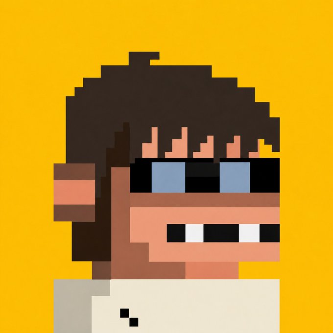 A pixel-art avatar of a smiling character with dark curly hair, sunglasses, and a white shirt set against a yellow background, likely representing the ZEC Bit founder in connection with the post about early NFTs on Zcash.