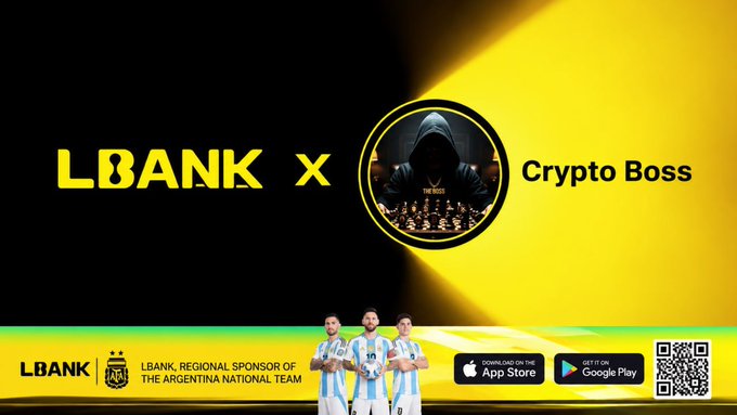 The image is a promotional banner for a partnership between LBank and "Crypto Boss," featuring LBank's branding alongside the Argentina National Team (showing three soccer players in light blue and white striped jerseys), highlighting their role as a regional sponsor, with app download links for App Store and Google Play.

The banner visually reinforces the post by promoting LBank's bonus campaign, tying the crypto exchange's brand to a recognizable sports partnership to attract users to their Futures trading bonuses.