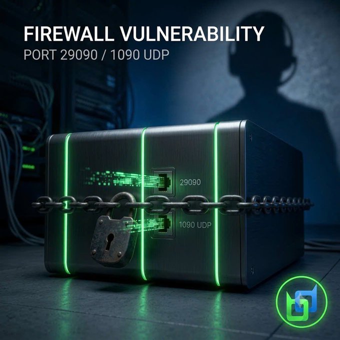 A graphic displaying "FIREWALL VULNERABILITY PORT 29090 / 1090 UDP" with a black locked device featuring green glowing ports and a silhouetted figure in the background.