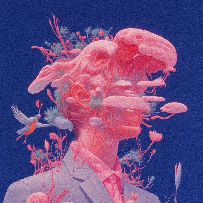 A surreal digital artwork showing a human figure whose head has blossomed into an explosion of pink jellyfish, coral, and wildflowers, with a small bird flying out from the composition—all set against a deep navy background. The piece, titled "Otherlife," appears to be a 1/1 NFT listed for 120 xtz, evoking themes of transformation and the merging of consciousness with nature.
