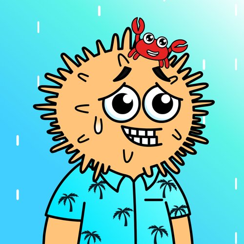 A cartoon illustration of a friendly orange pufferfish character with big eyes wearing a blue Hawaiian shirt with palm trees, with a small red crab sitting on top of its head, set against a blue background.