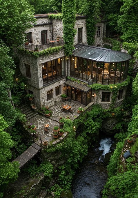 A lush, stone house surrounded by dense green foliage and ivy, featuring large glass windows overlooking a forest ravine with a small stream flowing below.