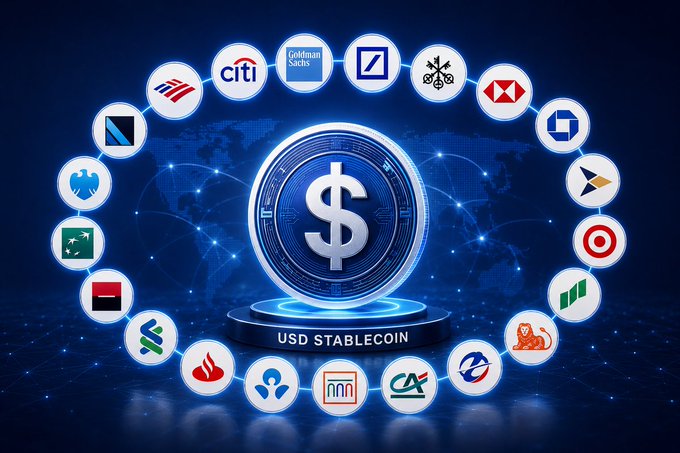 A digital graphic featuring a large USD Stablecoin coin in the center surrounded by various financial institution and cryptocurrency logos including Citi, Goldman Sachs, HSBC, Deutsche Bank, and JPMorgan, set against a world map background.