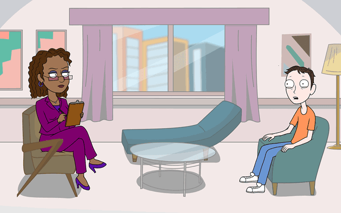 A cartoon scene of a therapy session featuring a woman in a purple suit taking notes on a clipboard while a nervous man in an orange shirt sits across from her in a modern office.