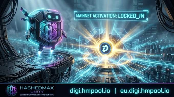 Promotional graphic for HashDmax Unity announcing 'MAINNET ACTIVATION: LOCKED_IN' with the URLs digi.hmpoal.io and eu.digi.hmpoal.io, featuring a robot character and a central Digibyte logo.
