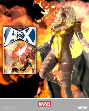 The image showcases Emma Frost in her iconic yellow costume and white form with flowing blonde hair, standing before a fiery orange background, alongside an Uncanny X-Men #1 comic book cover. Visible text includes "MARVEL," "VeVe," and the character branding "Emma Frost," promoting the release of her digital collectibles—including her Phoenix transformation—on the VeVe platform.