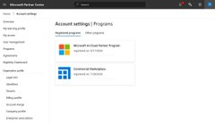 A Microsoft Partner Center account settings page displays the Program tab with Microsoft Azure Partner Program and Commercial Marketplace registration options.