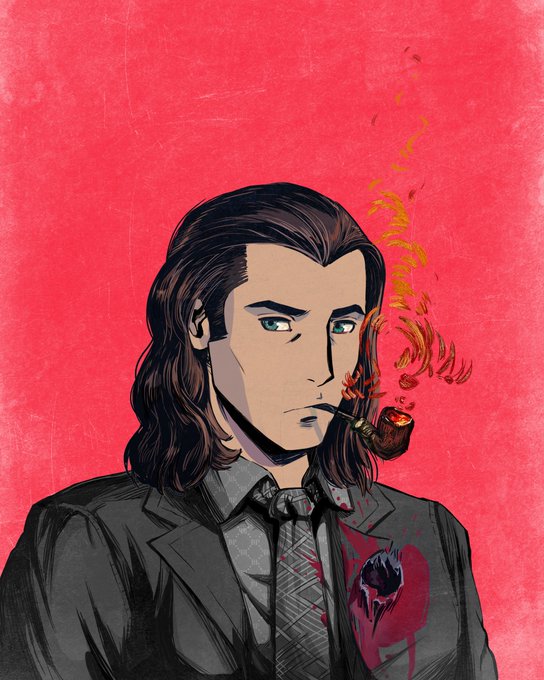 A stylized illustration depicts a long-haired man in a dark suit smoking a pipe against a vivid red background, with a stylized, bloodied logo on his chest. The somber, melancholic tone of the artwork visually echoes the post's quote about the heavy personal cost of change, paired with the tagged NFT collections @Backpack and @MadLads.