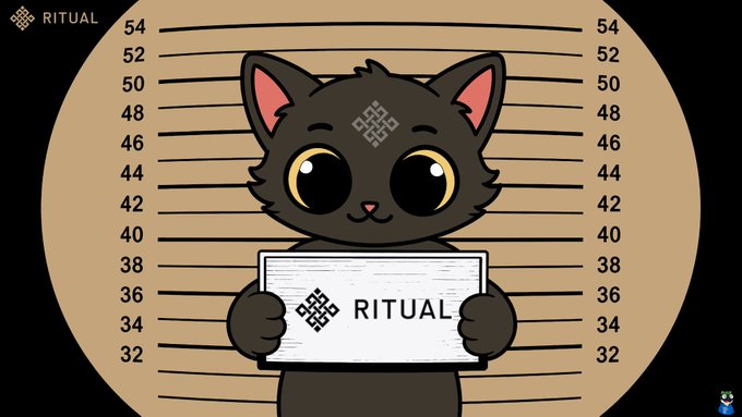 A cartoon-style illustration of a black cat with large yellow eyes holding a mugshot placard that reads 'RITUAL', standing in front of a beige height chart background with the RITUAL logo in the top left corner.