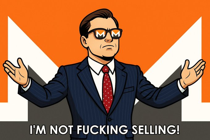 A cartoon illustration of a man in a dark pinstripe suit and red tie wearing Monero (XMR) logo glasses, with both hands raised in a shrug gesture, captioned 'I'M NOT FUCKING SELLING!' on an orange and gray background.