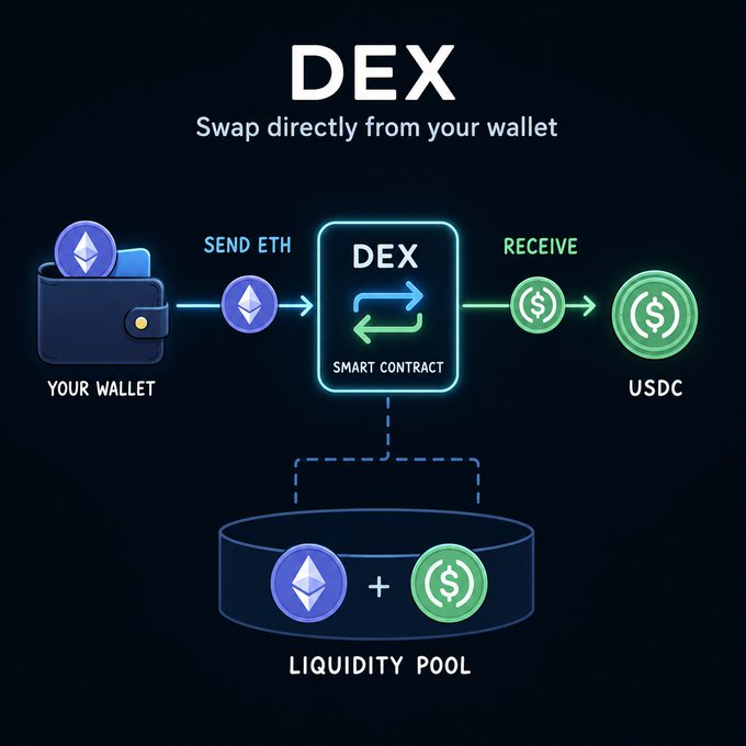 An infographic explaining how a DEX works, showing ETH being sent from 'YOUR WALLET' through a smart contract to receive USDC, connected to a 'LIQUIDITY POOL' at the bottom.