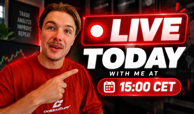 A man in a red ColdCulture shirt points excitedly at a promotional graphic reading "LIVE TODAY WITH ME AT 15:00 CET," set against a background showing market charts and a "TRADE ANALYZE IMPROVE REPEAT" sign, visually promoting the upcoming livestream about Bitcoin's potential $82.5K breakout.