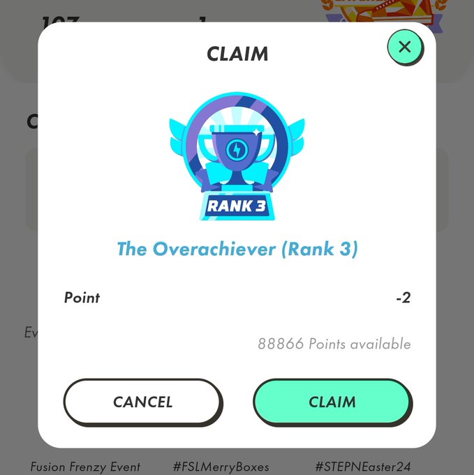 A STEPN app reward screen showing a claim for 'The Overachiever (Rank 3)' trophy costing -2 points, with 88866 points available.