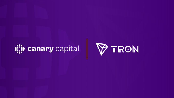 A purple promotional graphic displaying the logos of 'canary capital' and 'TRON' side by side.