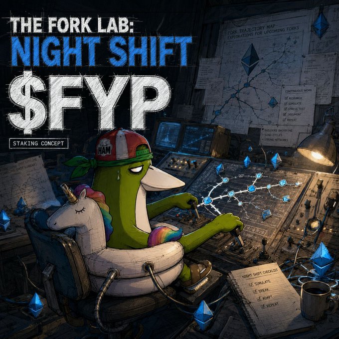 A digital illustration titled 'THE FORK LAB: NIGHT SHIFT' promoting '$FYP' as a stacking concept, featuring a green cartoon duck character in a unicorn floatie and a red cap working at a futuristic control panel with Ethereum logos scattered around.