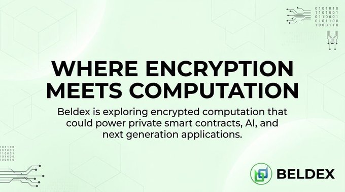 A light green promotional banner for 'BELDEX' with the headline 'WHERE ENCRYPTION MEETS COMPUTATION' explaining their work on encrypted computation for private smart contracts and AI.
