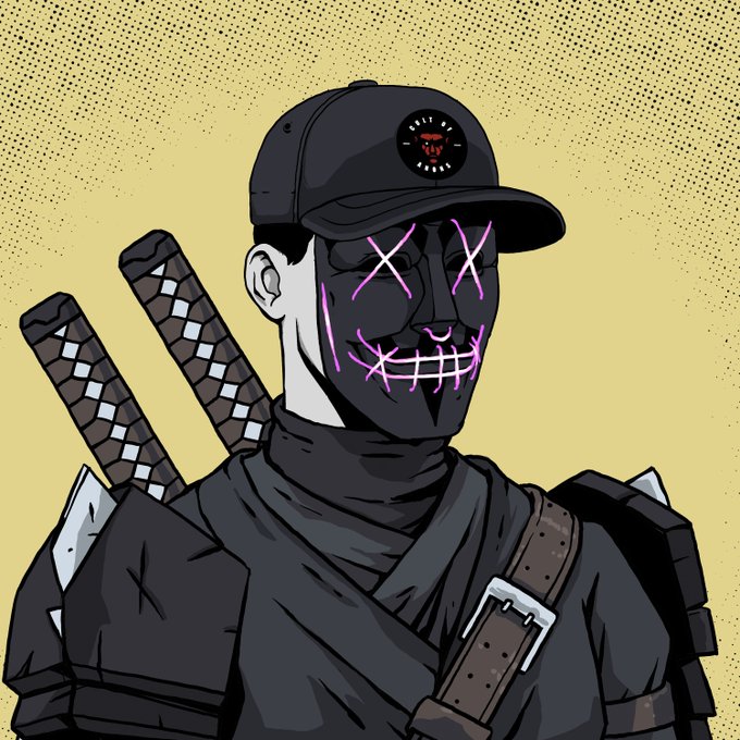 A comic-style illustration of a ninja warrior wearing a black cap with a red emblem, two swords strapped to his back, and a black mask with glowing purple neon X's for eyes and a stitched mouth design.