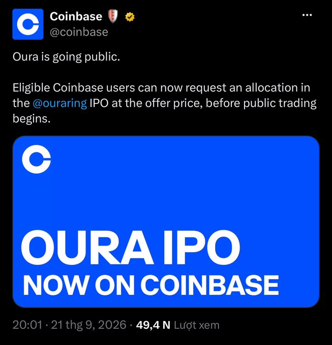 A tweet from Coinbase announcing that Oura is going public, offering eligible users an allocation in the @ouraring IPO at the offer price before public trading begins.